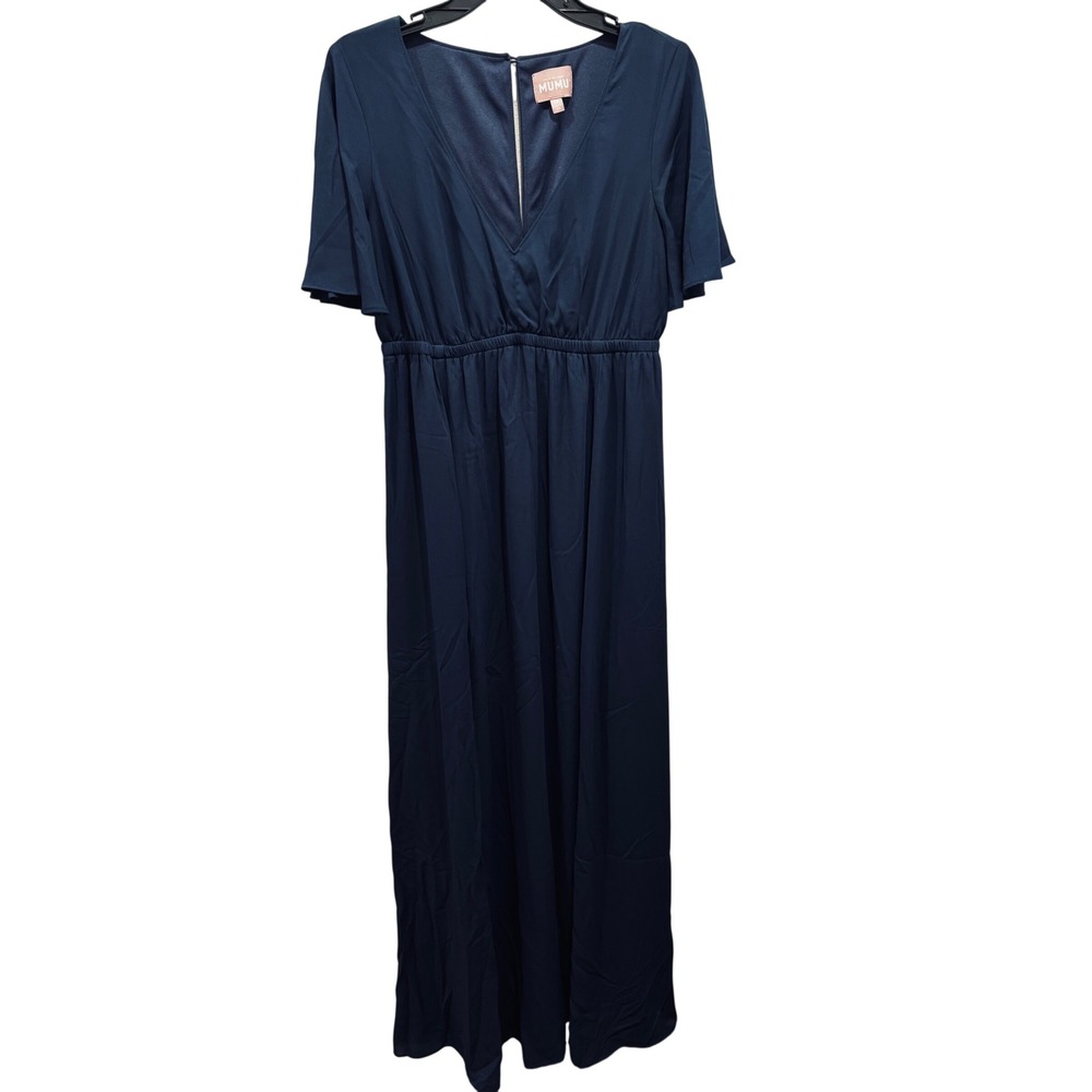 Show Me Your Mumu Navy Blue V-Neck Flutter Sleeve Maxi Dress Medium Bridesmaid